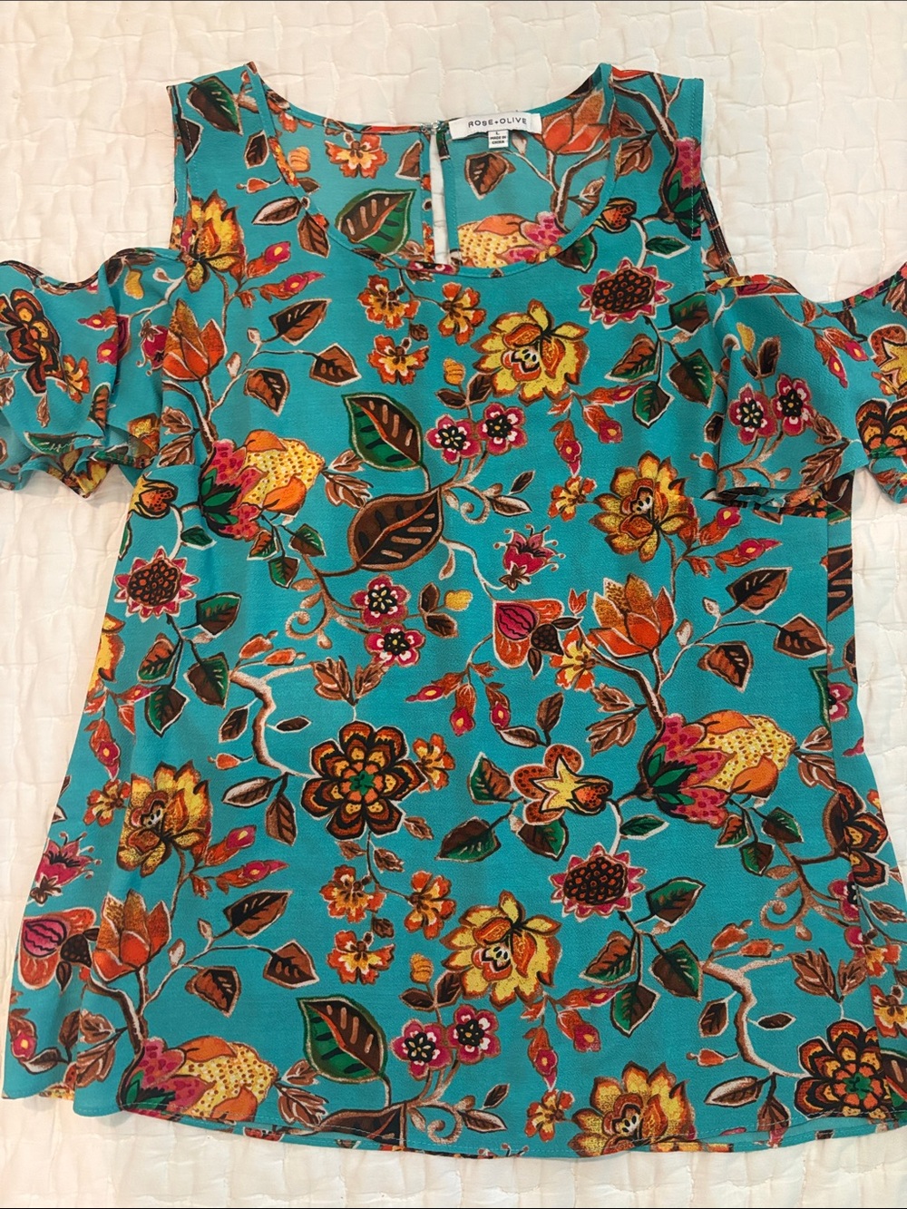 Rose & Olive Teal Floral Cold-Shoulder Tunic